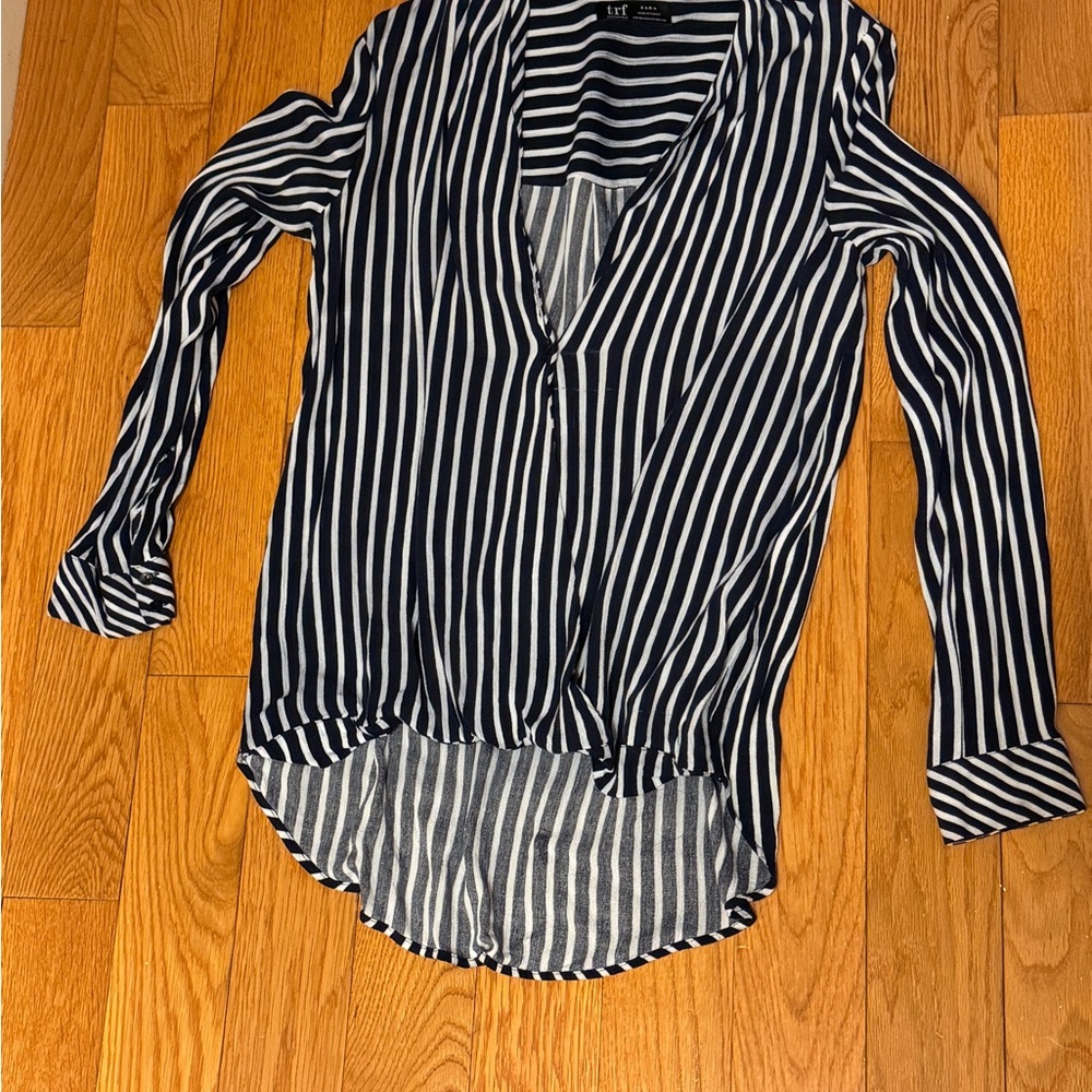 Zara Navy and White Striped Blouse